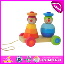 De madeira Pull Back Toy para Crianças, Empilhamento colorido Ao Longo Do Palhaço para Crianças, Brinquedo De Madeira Puxar Para Trás Do Brinquedo para o Bebê W05b069